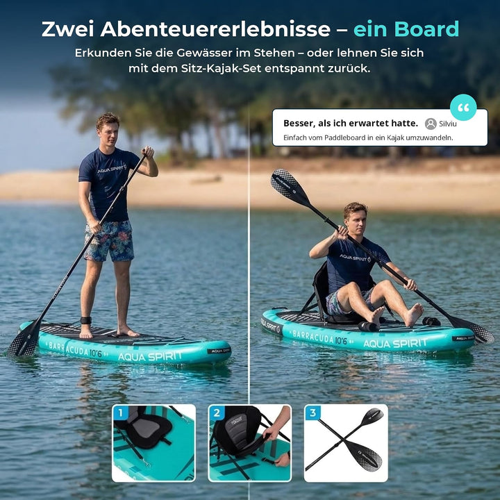 Aqua Spirit Sup Board mit Sitz | Kajak Aufblasbar Barracuda Stand Up Paddling Board 320x81x15cm Für