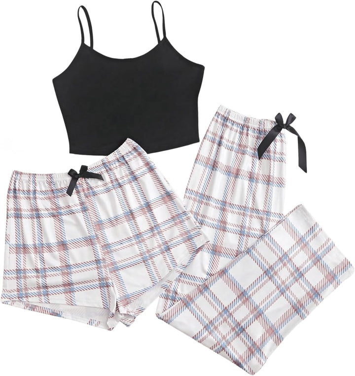 GORGLITTER Damen Schlafanzug 3er Set Cami Schlafanzug Plaid Pajamas Set Nachtwäsche Schlafhose Karie