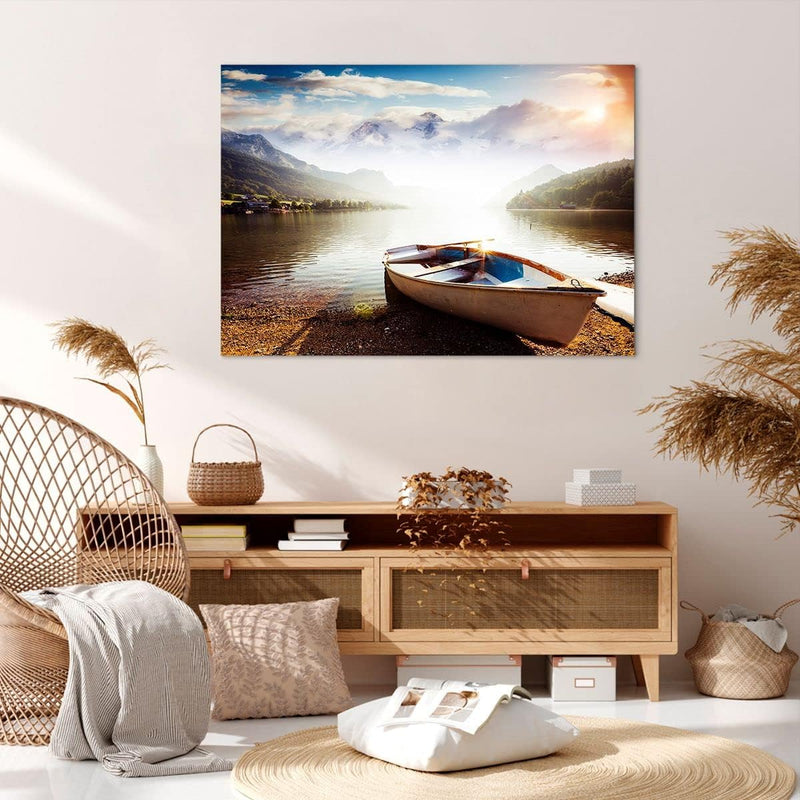 Bilder auf Leinwand 100x70cm Leinwandbild mit Rahmen Berge See Boot Gross Wanddeko Bild Schlafzimmer