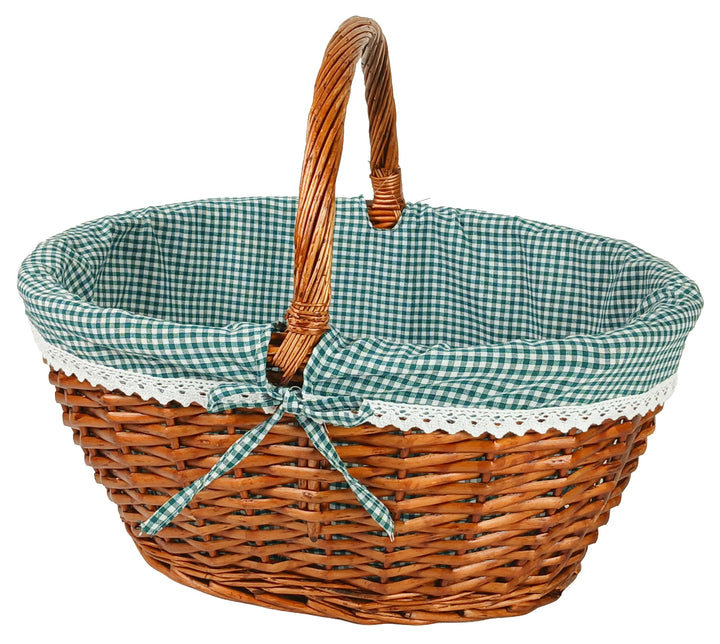 Kobolo Einkaufskorb geflochten Weide -mit Textil ausgeschlagen- grün weiss kariert - 45x34x20 cm