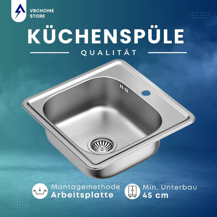 VBChome Edelstahlspülbecken 48x48 cm – Satinierte Oberfläche, Hochwertiger Edelstahl Inox, Tiefe Spü