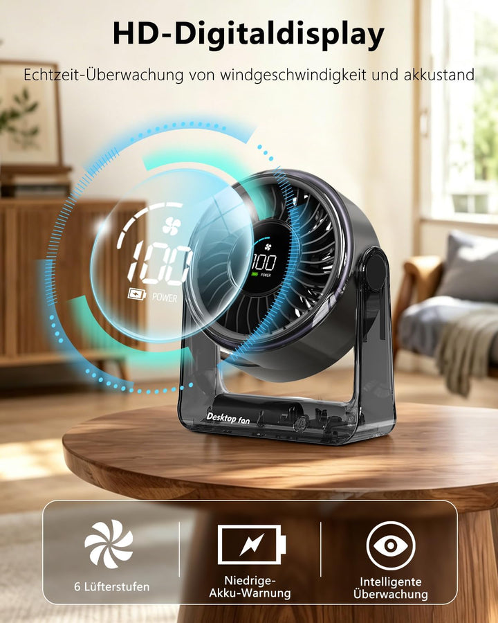 Tischventilator, USB Ventilator Akku, 6 Geschwindigkeiten Leise Ventilator mit LED Display, 360 ° Dr
