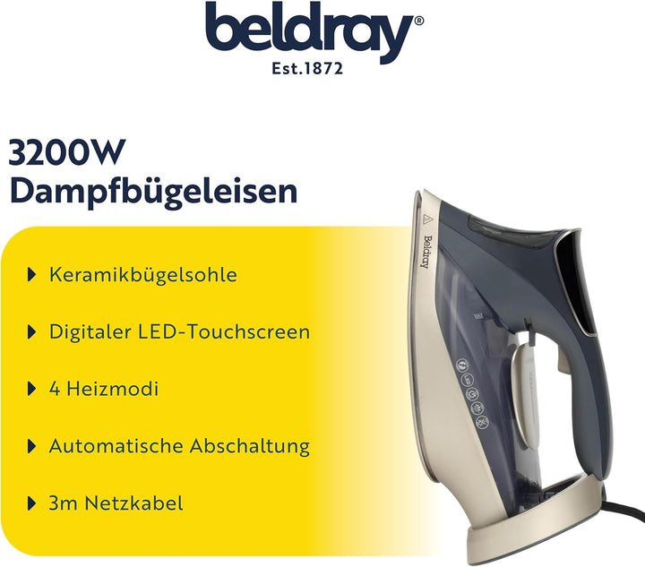 Beldray 3200W Dampfbügeleisen – Digitales LED-Touchscreen, präzise Temperaturregelung, 4 voreingeste