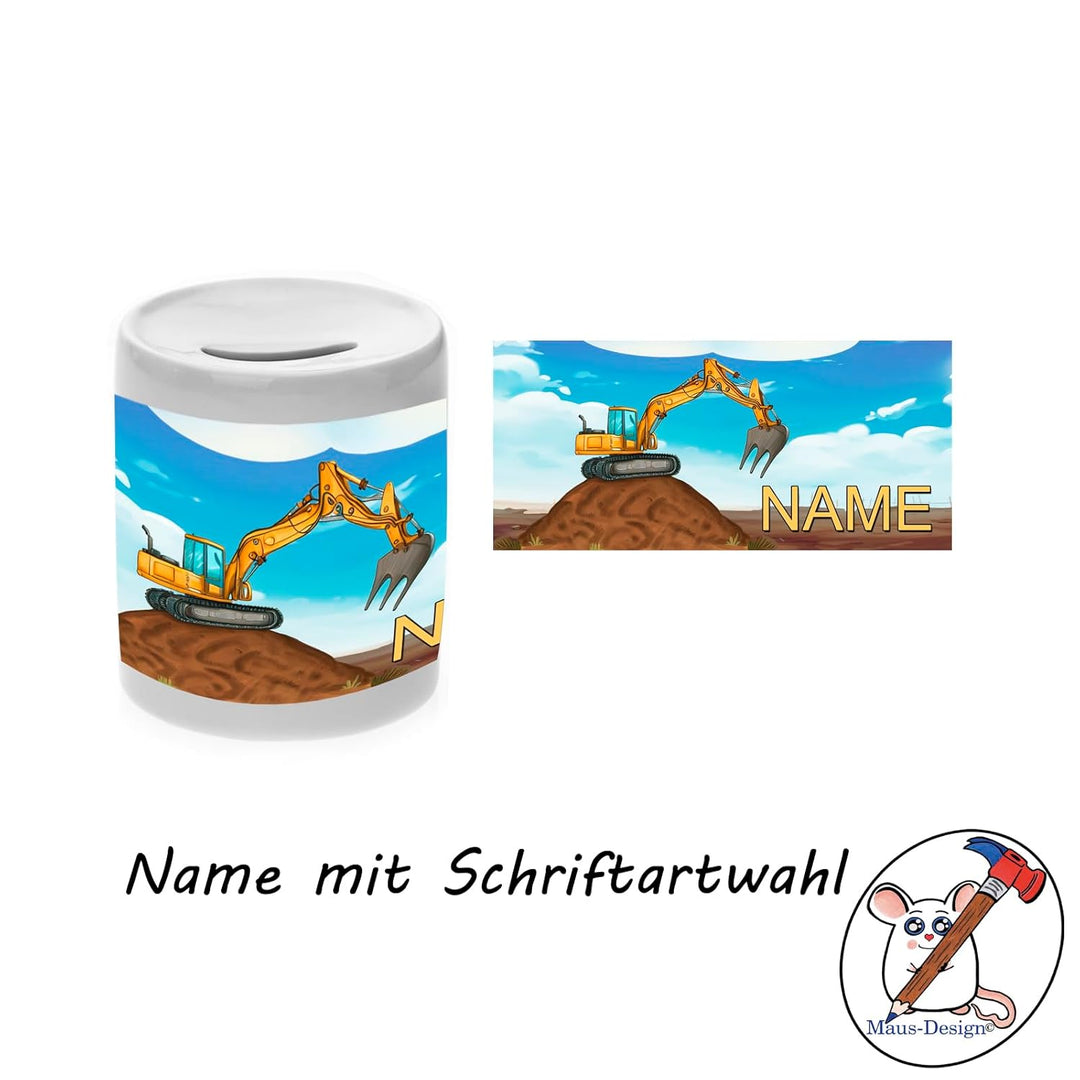 Keramik Spardose mit Personalisierung z.B. Name und Schriftartwahl (Bagger), Bagger