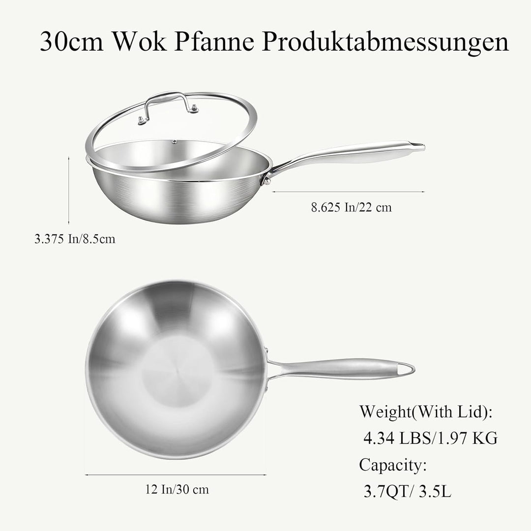Inqibee Wokpfanne Edelstahl 30 cm mit Deckel, Unbeschichtete Wok Pfanne für Induktion & Gasherd, Ede