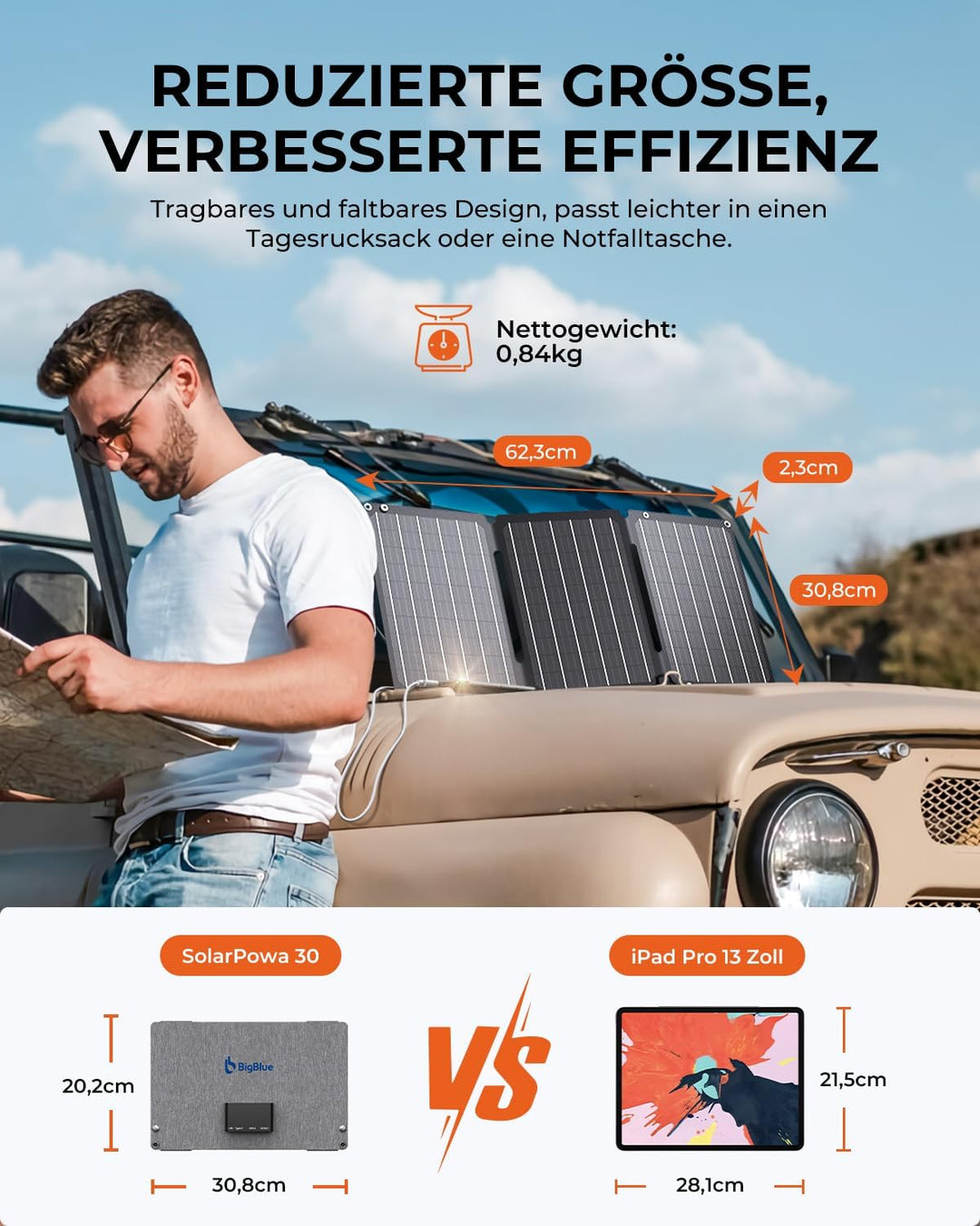 30W Solarladegerät, BigBlue Tragbares Solarpanel mit DC-Anschlüssen, Schnellladung 18W USB-C/USB-A Q