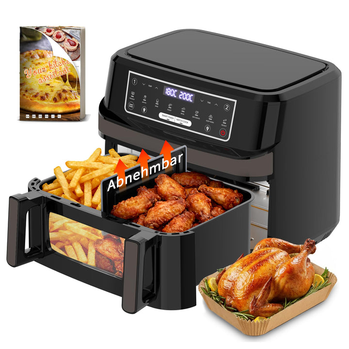 Emphsism Heissluftfritteuse 12L XXL - Airfryer 2 Kammern Variable Flex-Zone, Separate Temper 200 Gra