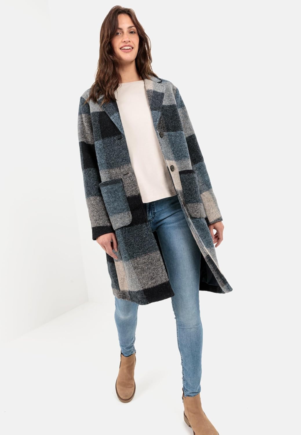 camel active Damen Wollmantel im Karomuster 40 Blau, 40 Blau
