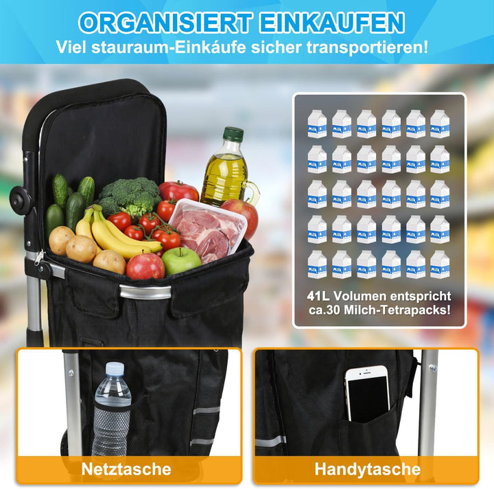 Einkaufstrolley klappbar mit Kühlfach | 50kg belastbar & Grosses Volumen | Leichter Einkaufswagen mi