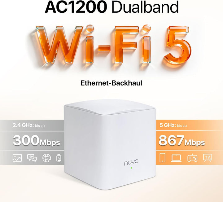 Tenda Nova MW5G (3er Pack) echtes Dual-Band Mesh WLAN (bis zu 300m², 6X Gigabit Ports, AC1200, Gigab