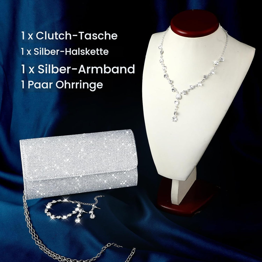 Yolev Brautschmuck Set Silber Clutch Geldbörse Bling Bling Abendessen Tasche Strass Schmuckset Choke