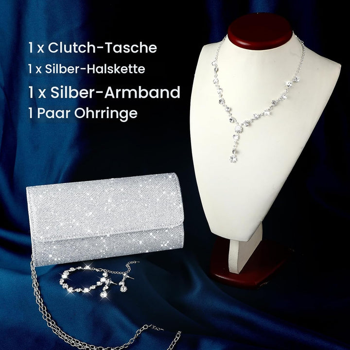 Yolev Brautschmuck Set Silber Clutch Geldbörse Bling Bling Abendessen Tasche Strass Schmuckset Choke