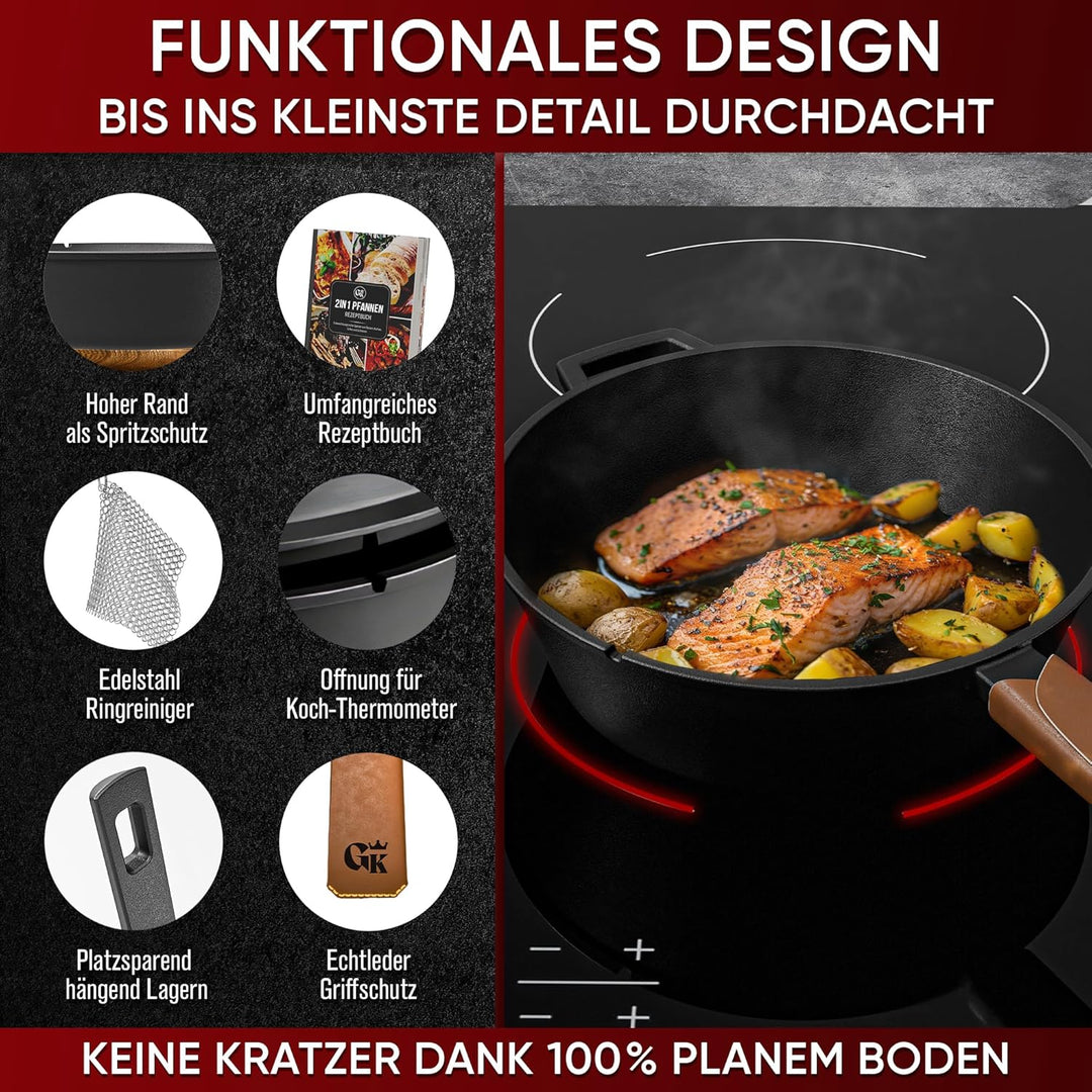 GUSSKÖNIG Dutch Oven - 2 in 1 Eingebrannter Gusseisen Topf 3L & Gusspfanne 1,5L - Cast Iron Pot mit