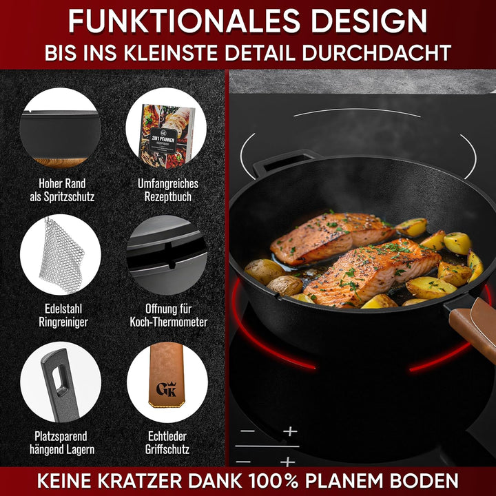 GUSSKÖNIG Dutch Oven - 2 in 1 Eingebrannter Gusseisen Topf 3L & Gusspfanne 1,5L - Cast Iron Pot mit