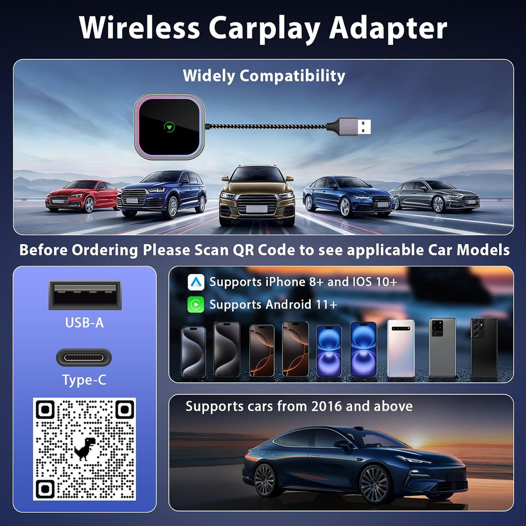 Wireless Carplay Adapter, 2 in 1 Carplay Wireless Adapter mit RGB Beleuchtung, Upgrade auf kabellose