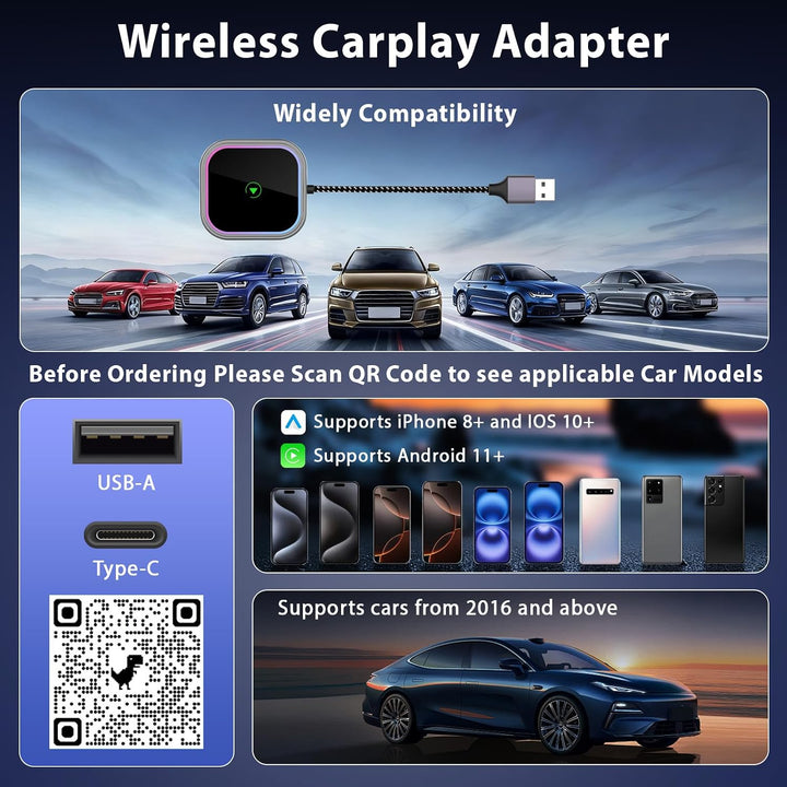 Wireless Carplay Adapter, 2 in 1 Carplay Wireless Adapter mit RGB Beleuchtung, Upgrade auf kabellose