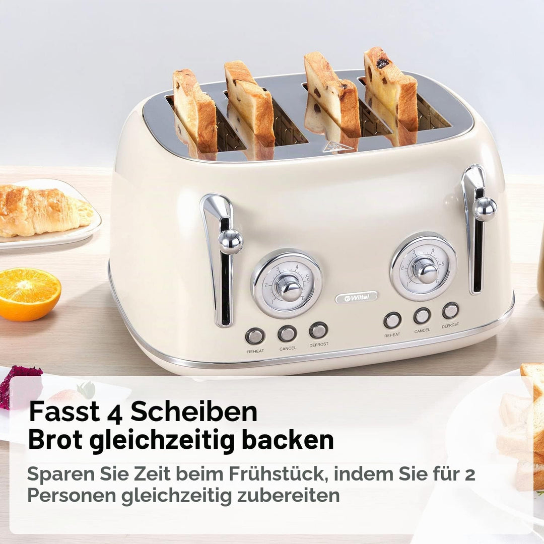 Wiltal Toaster 4 Scheiben, Toaster Langschlitz, Edelstahl Gehäuse, mit Integrierten Brötchenaufsatz,