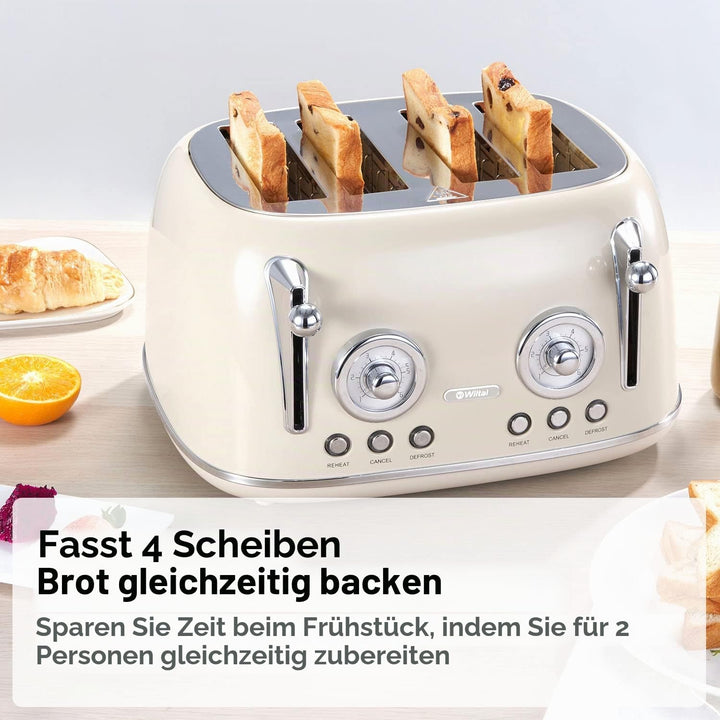 Wiltal Toaster 4 Scheiben, Toaster Langschlitz, Edelstahl Gehäuse, mit Integrierten Brötchenaufsatz,