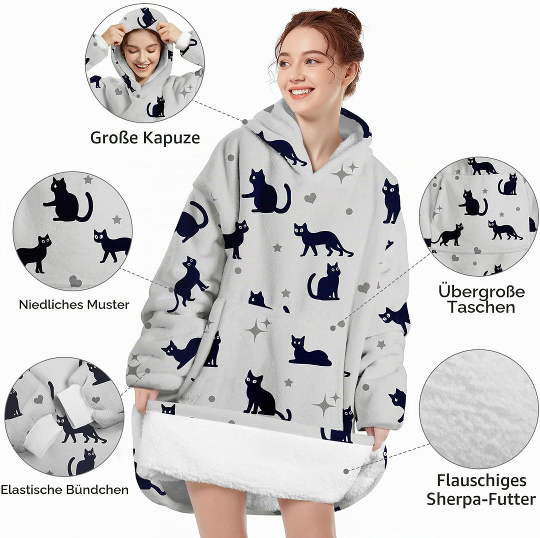 Hoodie Decke Oversize Katze Grau mit Ärmeln Kuscheldecke Deckenpullover für Damen Herren, Tragbare D