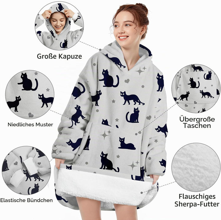 Hoodie Decke Oversize Katze Grau mit Ärmeln Kuscheldecke Deckenpullover für Damen Herren, Tragbare D