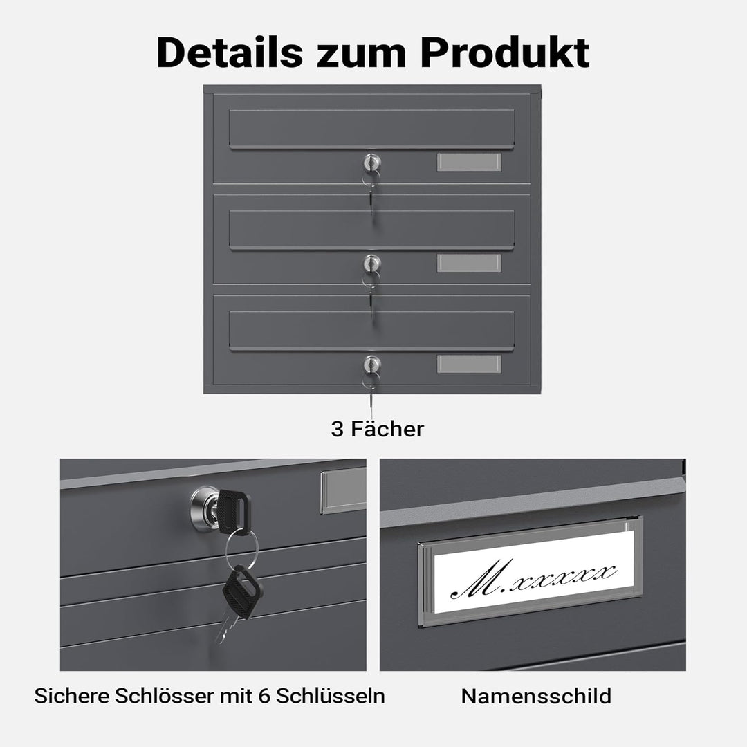 Wiltec 3er Briefkastenanlage Anthrazit 512 x 270 x 1150 mm, Standbriefkasten mit 3 Fächern, Schlüsse