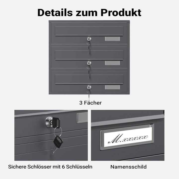 Wiltec 3er Briefkastenanlage Anthrazit 512 x 270 x 1150 mm, Standbriefkasten mit 3 Fächern, Schlüsse