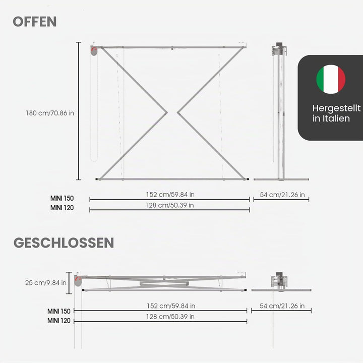 Foxydry Mini Deckenständer, vertikaler Wäscheständer, zusammenklappbar in Aluminium und Stahl 152x54