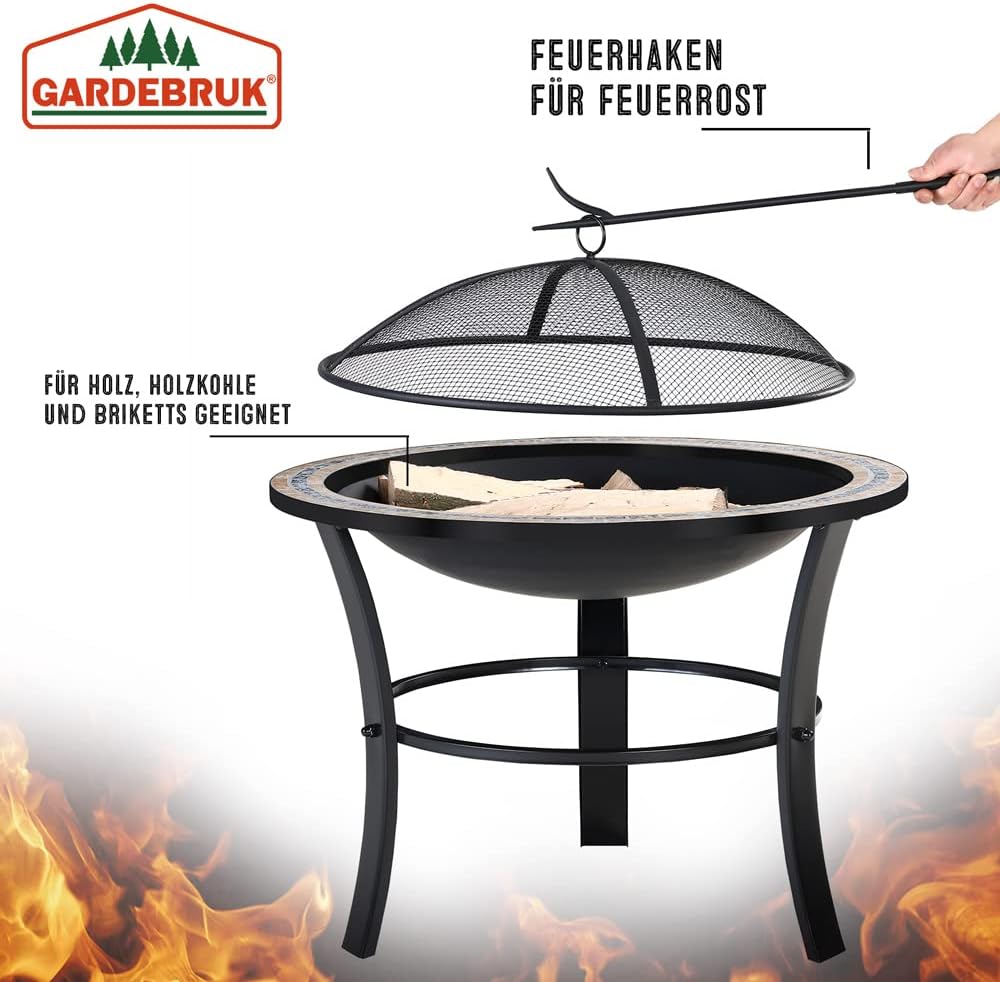 GARDEBRUK® Feuerschale Fuego mit Funkenschutz Ø76cm Schürhaken Abdeckung Mosaik Rund Garten Terrasse