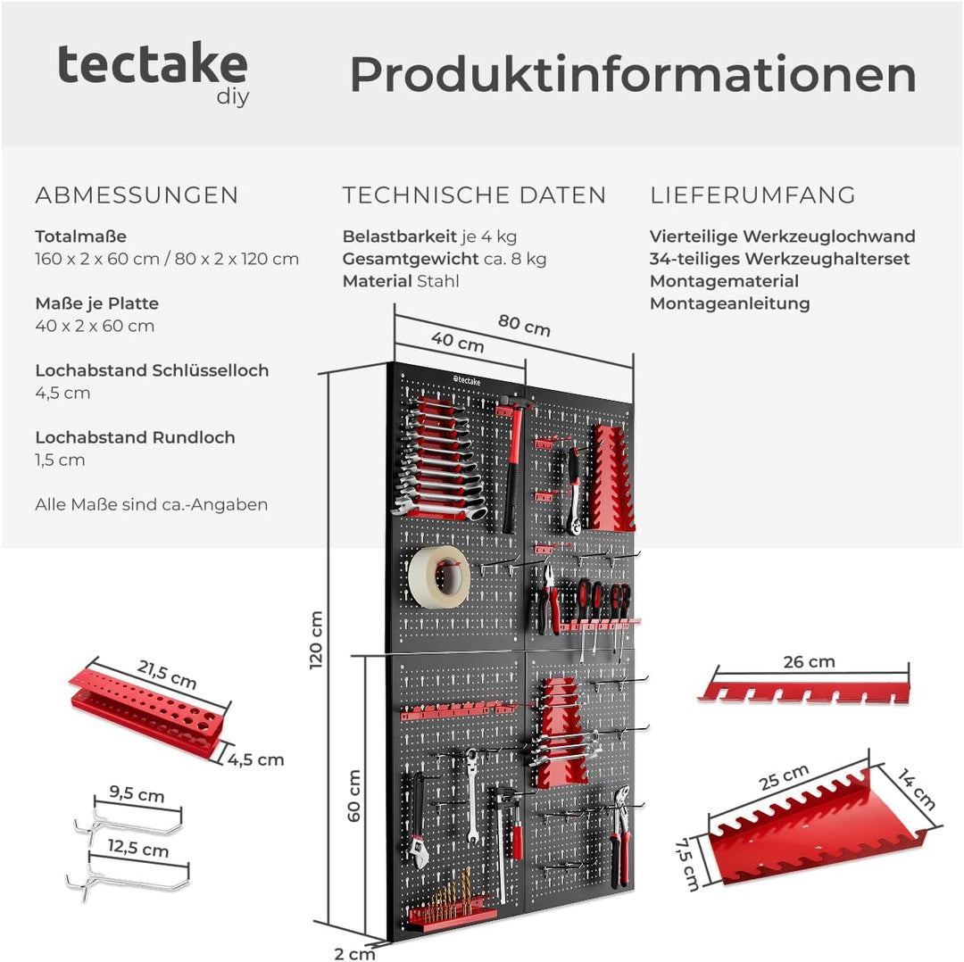 tectake® Werkzeug Lochwand aus Metall, 160 x 60 x 2 cm, Werkzeugwand Lochplatte, inkl. Werkzeughalte
