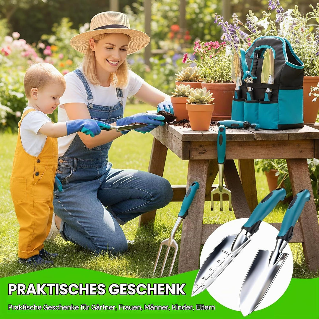 Gartenwerkzeug Set 7-teilig Mit Handschuhen Und Aufbewahrungstasche, Ergonomische rutschfeste Griffe