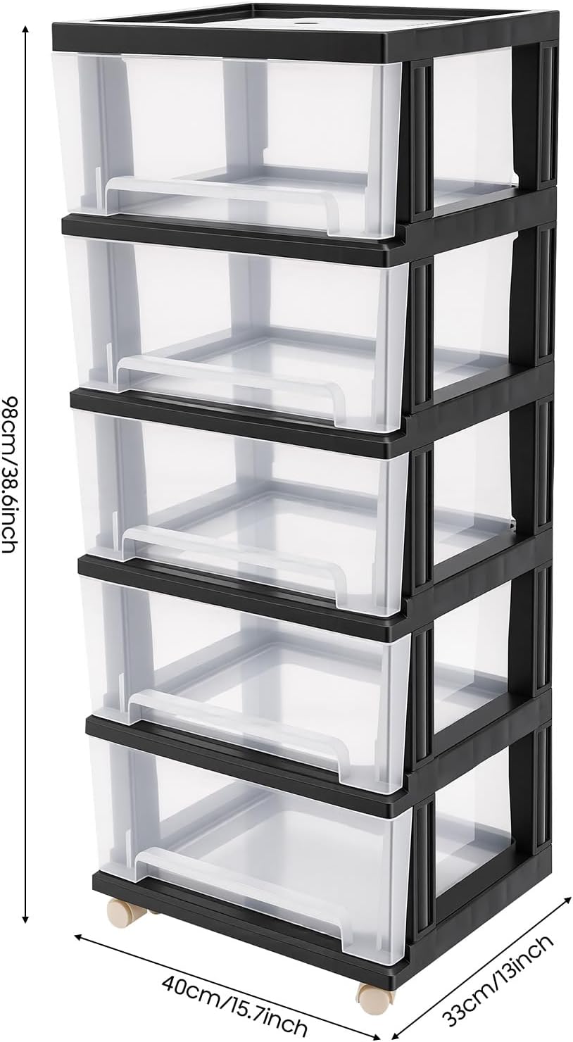 Kunststoff Schubladenbox, 5-stöckiges Kunststoff-Schubladenregal, Transparente Rollcontainer, Griffe