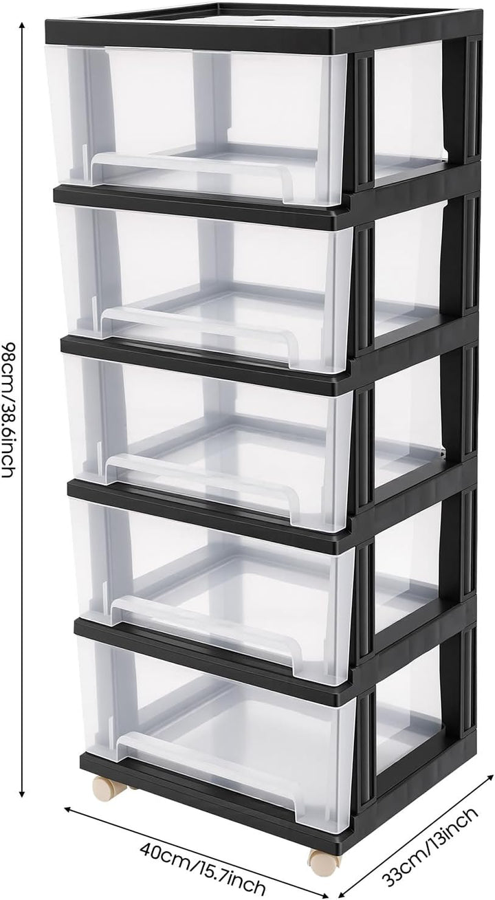 Kunststoff Schubladenbox, 5-stöckiges Kunststoff-Schubladenregal, Transparente Rollcontainer, Griffe