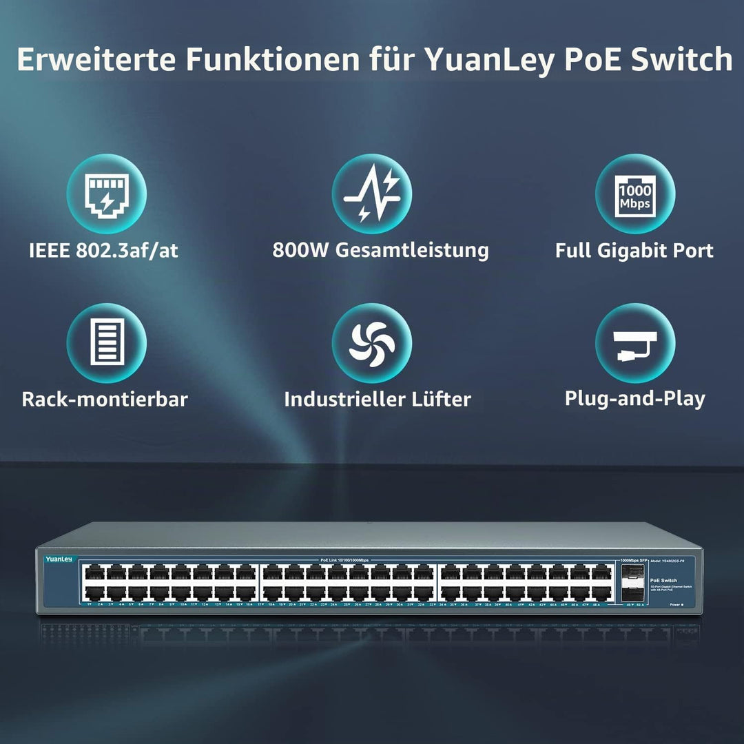 YuanLey 48 Port Gigabit PoE Switch Unmanaged mit 2 1000Mbps SFP Uplink, 50 Port 802.3af/at 800W High