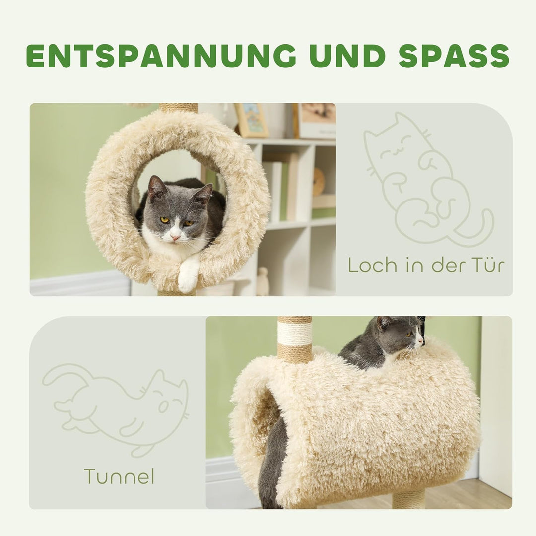 PawHut Kratzbaum 98 cm Katzenturm im Schaf-Design mit Kratzpfosten, Tunnel, Spielball, mehrstöckiger