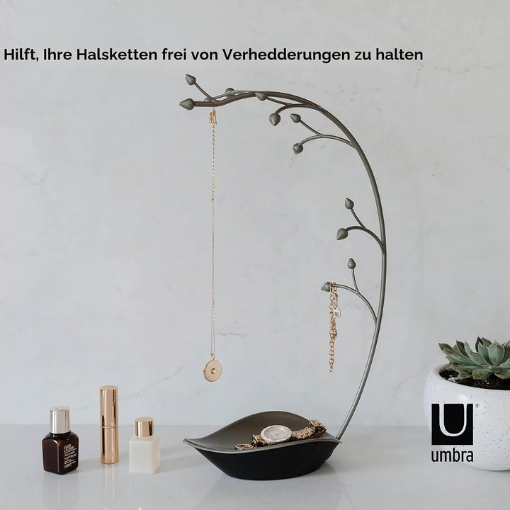 Umbra Orchid Schmuckständer und Schmuckbaum für Ketten mit integrierter Schmuckablage, Stahlgrau, 23