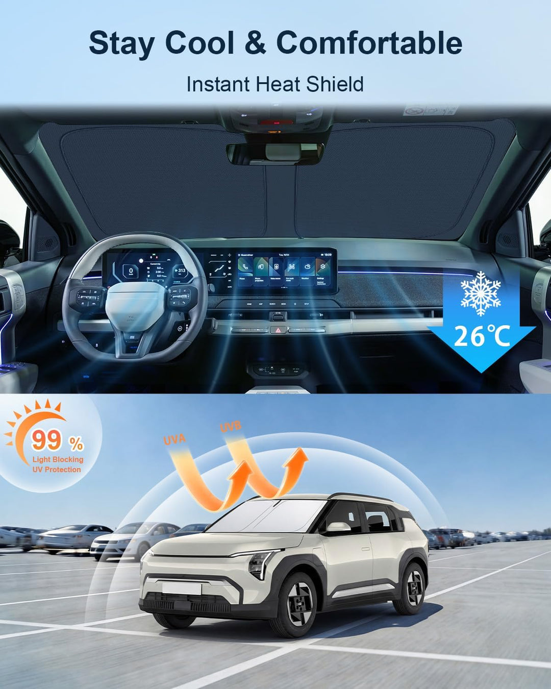 BIXUAN Frontscheiben-Sonnenschutz kompatibel mit Kia EV3 2025 2026 2027 Auto Sonnenschutz Abdeckung