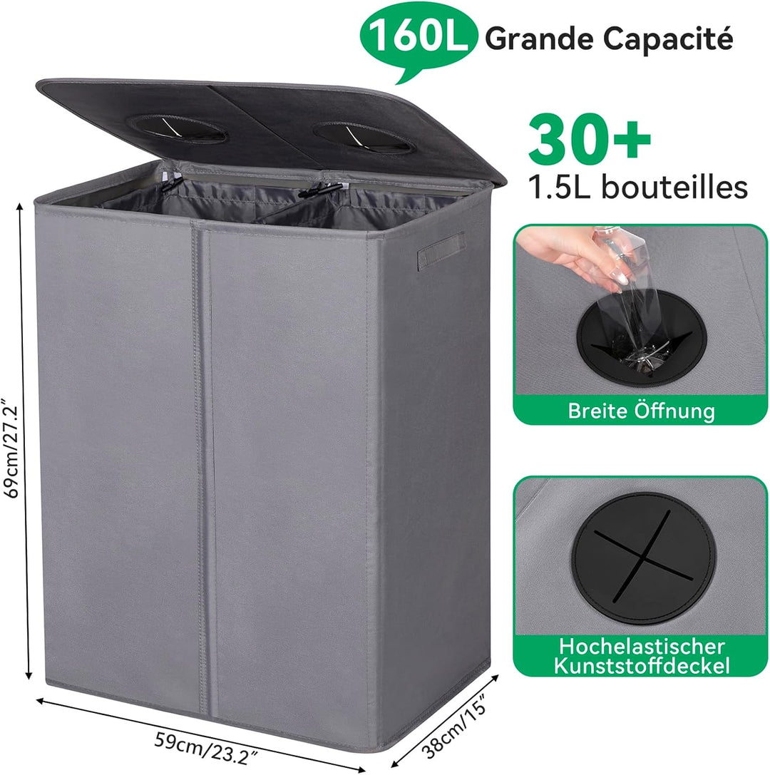 WOWLIVE Pfandflaschen Sammelbehälter 160L wit 2 fächer & 2 Tragetasche,Gross Flaschensammler mit Loc