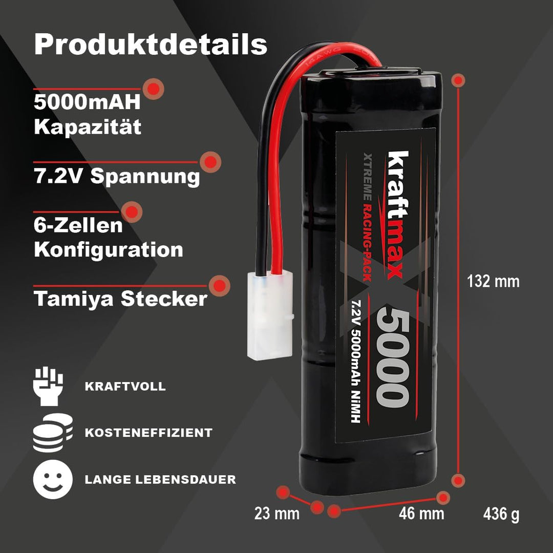 Kraftmax Akku Racing-Pack mit Tamiya-Stecker - 7,2V / 5000mAh / NiMH Akku/Hochleistungs RC Akkupack