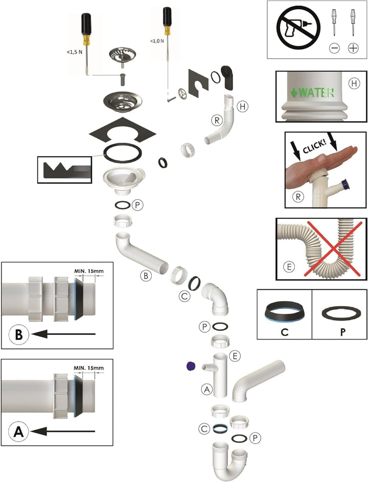 GRANMASTER Siphon Küchenspüle Manuelle 1-Kammer Raumsparsiphon - Syphon - Ablaufgarnitur für Spüle -