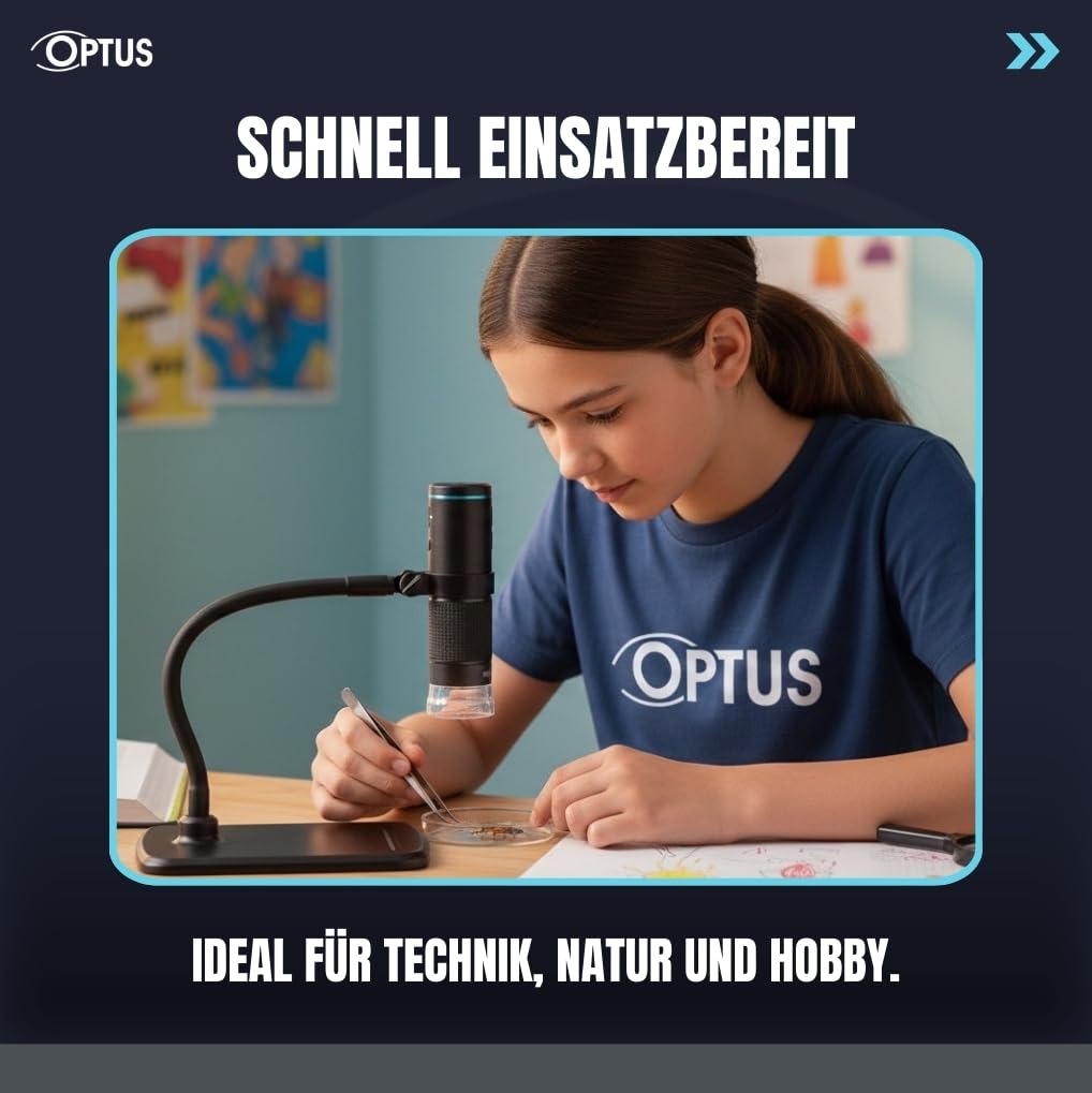 Optus Digitalmikroskop WLAN Full-HD 50x-300x mit Video- und Fotoaufnahme LED dimmbar für Handy, Tech