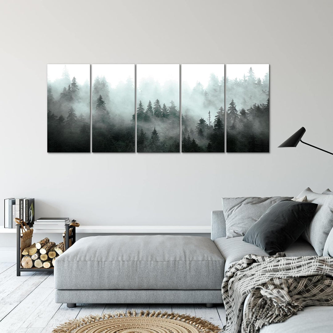Runa Art Wandbild XXL Wald Natur Wohnzimmer Schlafzimmer 200 x 80 cm Türkis Grau 5 Teilig - Made in