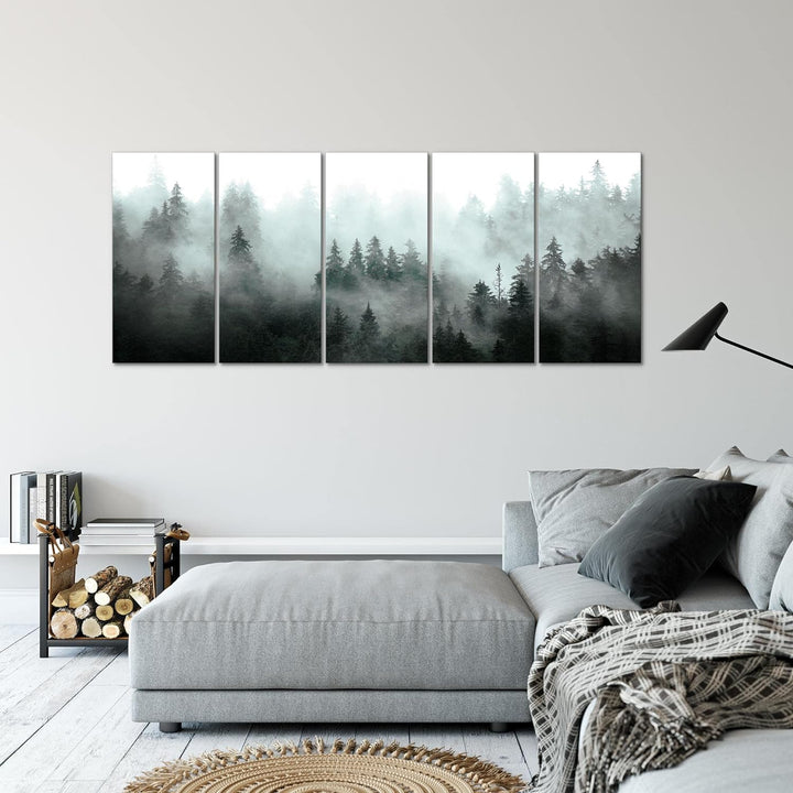 Runa Art Wandbild XXL Wald Natur Wohnzimmer Schlafzimmer 200 x 80 cm Türkis Grau 5 Teilig - Made in