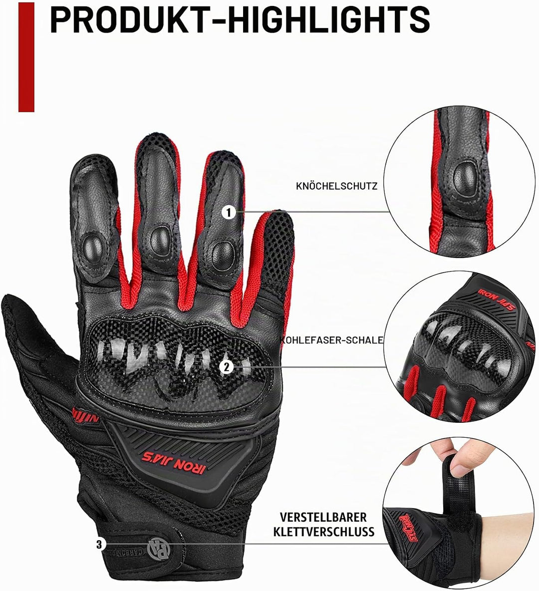 BORLENI Motorradhandschuhe Atmungsaktive Motorradhandschuhe Leder Vollfinger Knöchelschutzpolster To