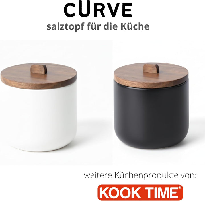 Salztopf Keramik CURVE - Luftdichte Salzdose mit Deckel aus Akazienholz. Grosse Öffnung, Ideal als S