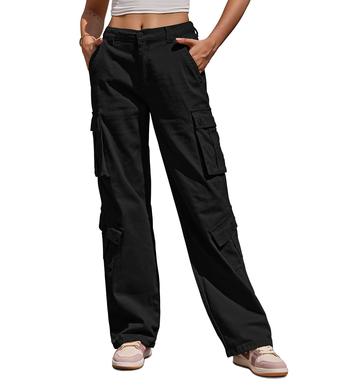 Cargohose Damen Baggy Y2K Multi Taschen High Waist Stretch Wanderhose Sport Jogginghose mit Elastisc