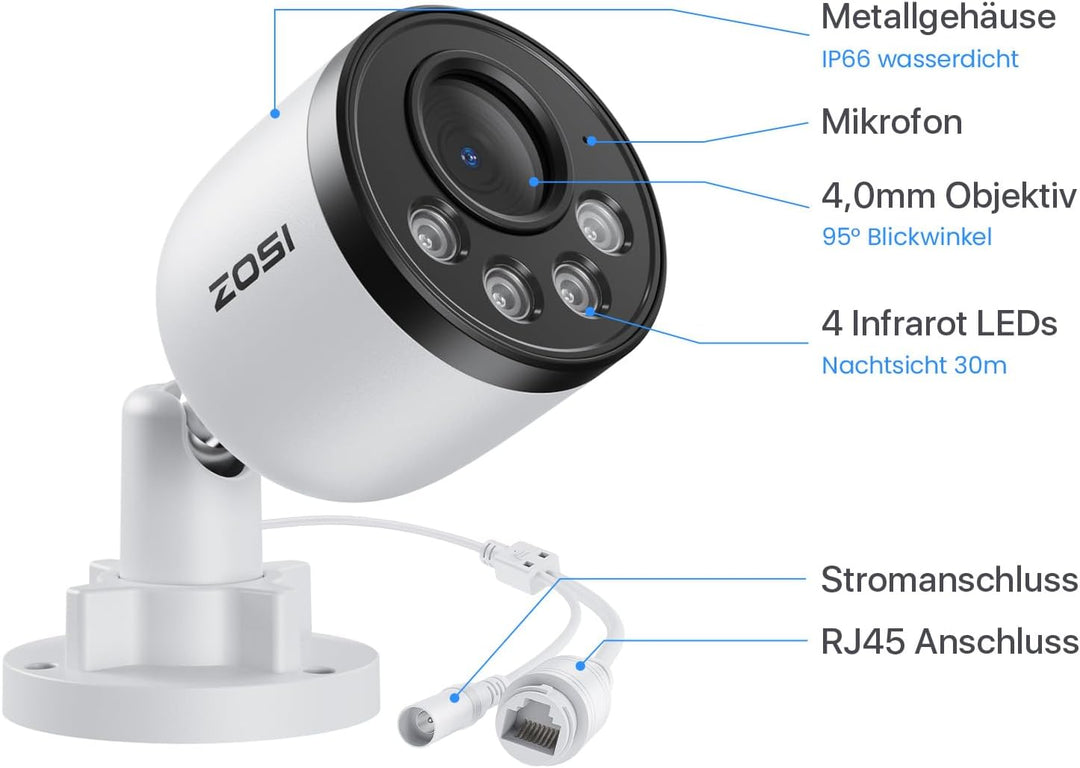 ZOSI 4K 8MP PoE Überwachungskamera Aussen mit Audio, Personen-/Fahrzeugerkennung, IR Nachtsicht, NUR