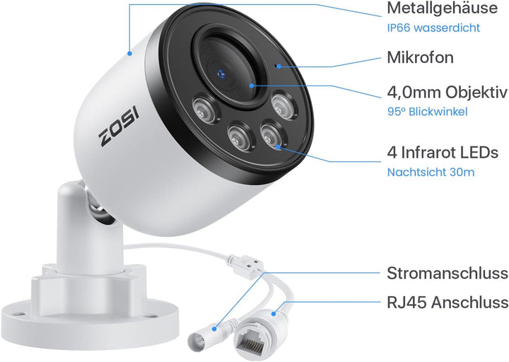 ZOSI 4K 8MP PoE Überwachungskamera Aussen mit Audio, Personen-/Fahrzeugerkennung, IR Nachtsicht, NUR