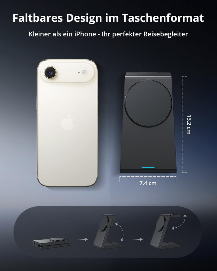 GEEKERA 3-in-1 Faltbar Ladegerät für Mag-Safe, Induktive Ladestation für Apple Watch und iPhone, Ind