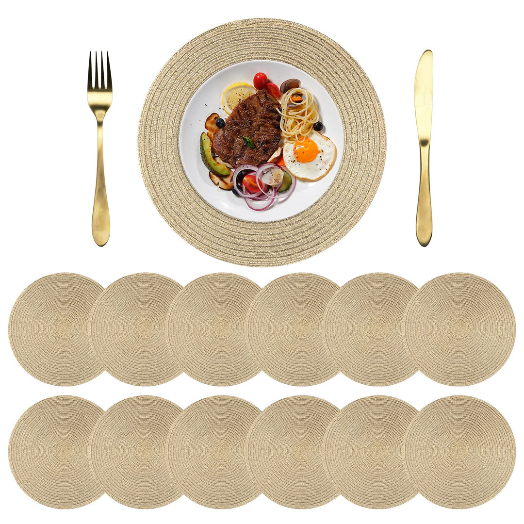 Platzsets Rund Gold Geflochten Tischsets 12er Set Hitzebeständigem Tisch Tischsets Waschbar für Küch