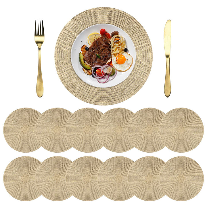 Platzsets Rund Gold Geflochten Tischsets 12er Set Hitzebeständigem Tisch Tischsets Waschbar für Küch